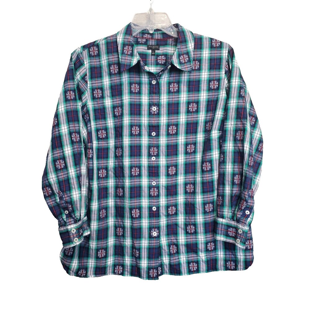 Talbots Plus 100% Cotton Multicolor Plaid Snowflake Button-Up Shirt Size 2X
